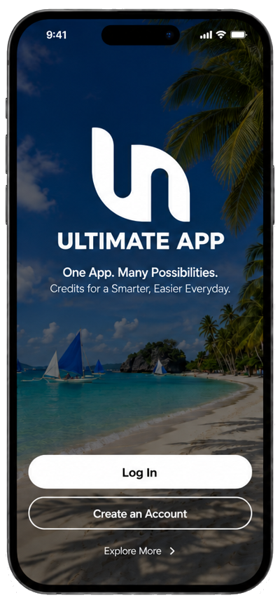 Ultimate App welcome screen on a phone: One App. Many Possibilities.